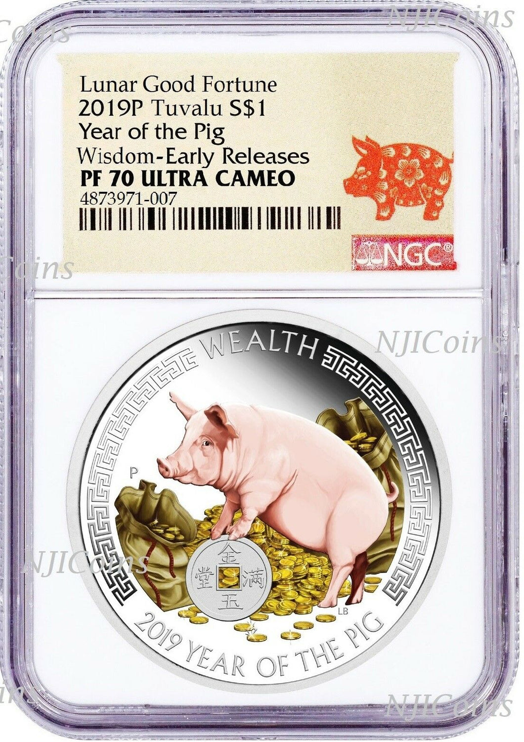 2019 P Tuvalu 1 Oz Silver Good Fortune Lunar Year PIG Wealth $1 Coin NGC PF70 ER