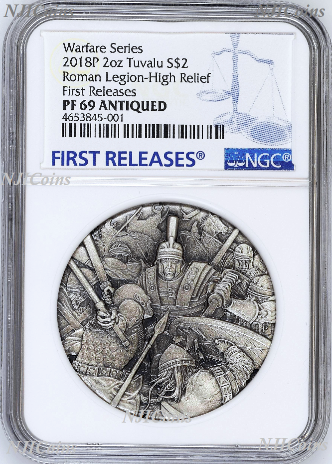 2018 P Tuvalu Warfare - Roman Legion ANTIQUED 2Oz Silver $2 3D COIN NGC PF69 FR