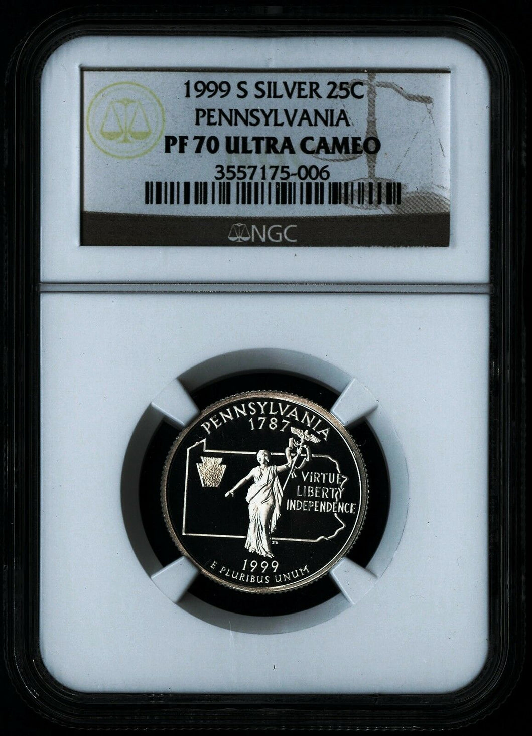 1999 S PENNSYLVANIA SILVER State Quarter 25c PROOF NGC PF70 ULTRA CAMEO