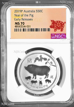 Load image into Gallery viewer, 2019 P Australia Silver Lunar Year of the PIG NGC MS 70 1/2 oz Coin ER Perfect
