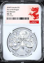 Load image into Gallery viewer, 2024 Australia .9999 Silver Lunar Year of the Dragon NGC MS70 1oz $1 Coin
