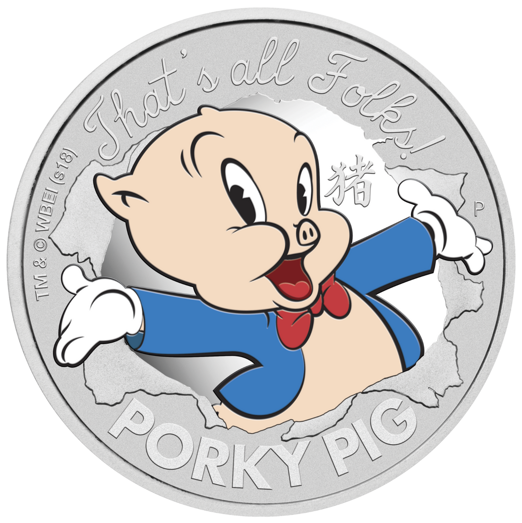 2019 Tuvalu LOONEY TUNES – PORKY PIG 1oz .9999 SILVER Dollar PROOF $1 COIN