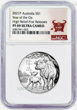 Load image into Gallery viewer, 2021 Australia Lunar Year Of The OX High Relief 1oz Silver Coin NGC PF69 FR
