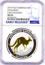 Load image into Gallery viewer, 2017 P Australia GILDED Silver Kangaroo NGC MS 69 1 oz Coin w/OGP gilt ER LABEL
