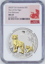 Load image into Gallery viewer, 2022 Australia GILDED Silver Lunar Year of the TIGER NGC MS 69 1oz Coin FR GILT
