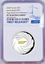 Load image into Gallery viewer, 2020 James Bond 007 HIGH RELIEF SILVER PROOF $1 1oz COIN NGC PF70 UC Cert# &quot;007&quot;
