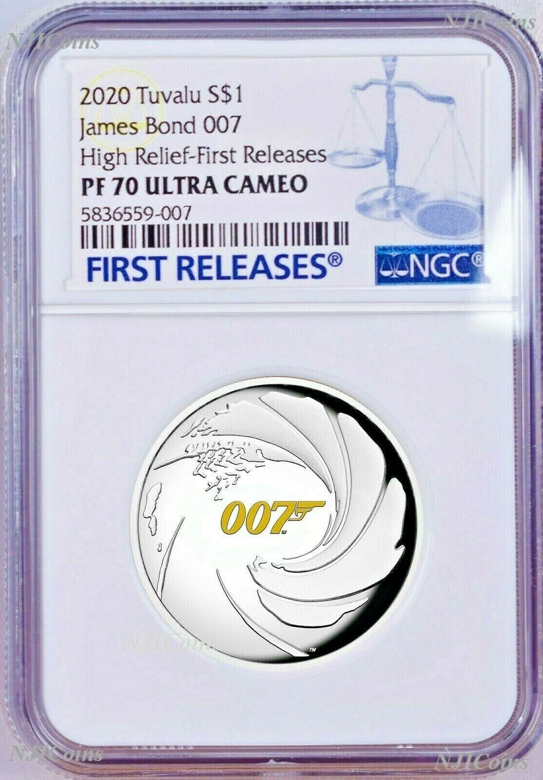 2020 James Bond 007 HIGH RELIEF SILVER PROOF $1 1oz COIN NGC PF70 UC Cert# 