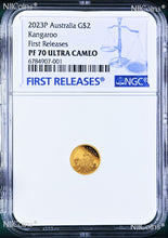 Load image into Gallery viewer, 2023 Australia Mini Roo Kangaroo PROOF 9999 GOLD 0.5g $2 NGC PF70 Coin FR BlueLb
