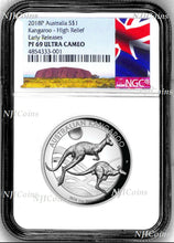 Load image into Gallery viewer, 2018 P Australia HIGH RELIEF 1oz Silver Kangaroo $1 Coin NGC PF69 ER New Label
