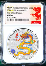 Load image into Gallery viewer, 2024 Silver Lunar Year Dragon NGC MS70 1oz $1 Coin P125 Melbourne ANDA Yellow
