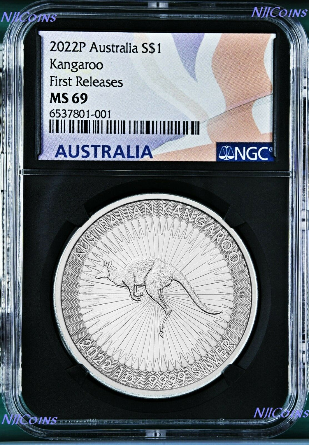 2022 P Australia Silver Kangaroo NGC MS69 $1 1oz Coin FR Flag Label Black Core