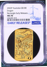 Load image into Gallery viewer, 2022 Dragon 1oz .9999 GOLD Rectangular $1 Dollar Bar COIN NGC MS 70 ER
