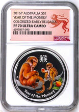 Load image into Gallery viewer, 2016 P Australia PROOF COLORIZED Silver Lunar Year of Monkey NGC PF70 1oz Coin
