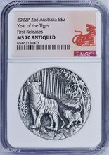 Load image into Gallery viewer, 2022 Australia Antiqued LUNAR Year of the TIGER 2oz $2 Silver Coin NGC MS70 FR
