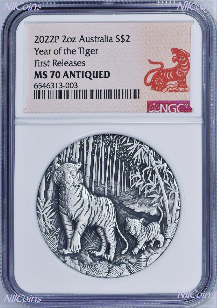 2022 Australia Antiqued LUNAR Year of the TIGER 2oz $2 Silver Coin NGC MS70 FR