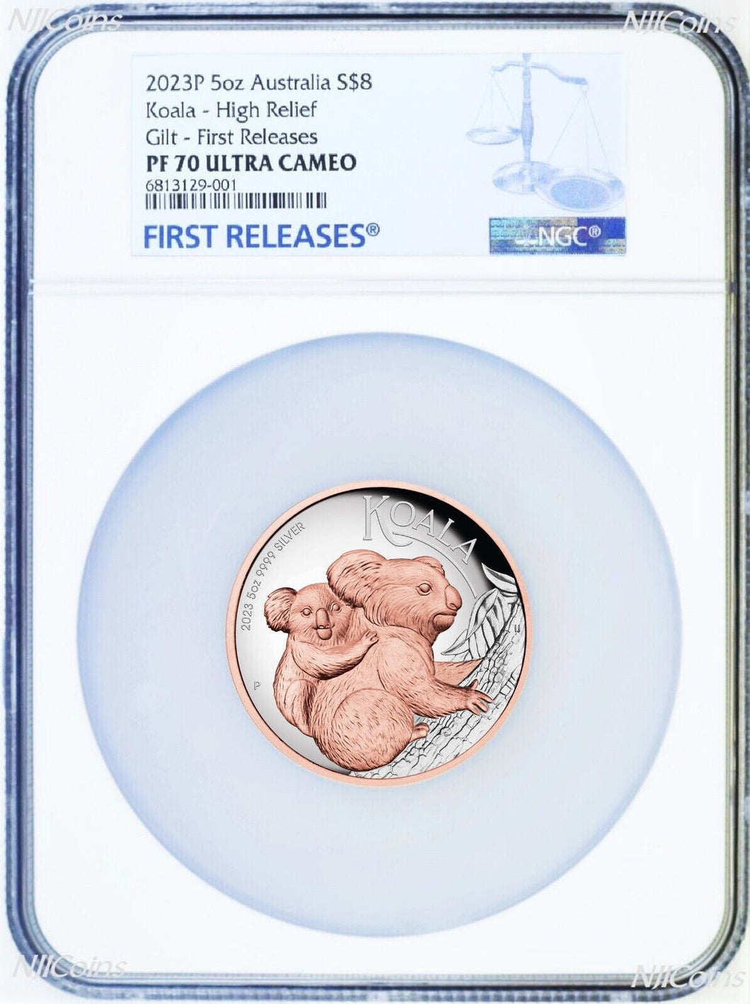 2023 Australia Pink Gold GILT HIGH RELIEF 5oz Silver Koala $8 Coin NGC PF70 FR