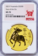 Load image into Gallery viewer, 2021 P Australia Bullion GOLD $200 Lunar Year of the Ox NGC MS70 2 oz Coin
