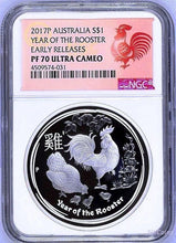 Load image into Gallery viewer, 2017 P Australia PROOF Silver Lunar Year of the Rooster NGC PF70 1 oz $1 Coin ER
