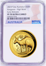 Load image into Gallery viewer, 2021 Australian High Relief Proof Kangaroo $200 NGC PF70 .9999 2oz GOLD Coin ER
