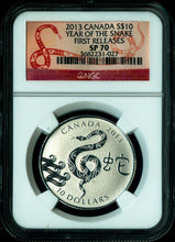 Load image into Gallery viewer, 2013 CANADA LUNAR YEAR SNAKE FIRST RELEASES 1/2 oz Silver $10 Coin NGC SP70
